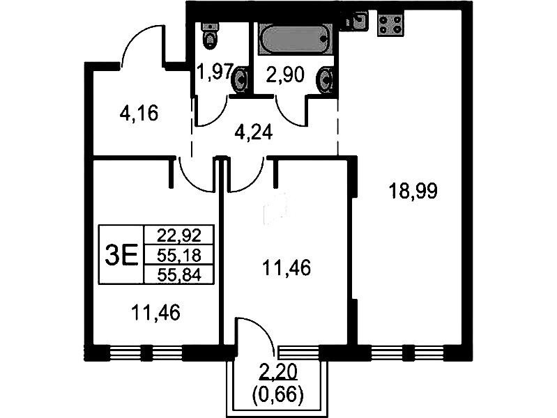 2-комнатная квартира 55.84 м², 3/15 эт., ЖК «Невская Долина»